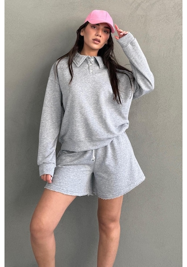 Madmext Gri Polo Yaka Kadın Şort Sweatshirt Takım Mg2375