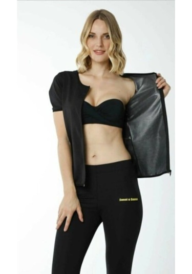 Sweet Sweat Termal Sauna Takım Fermuarlı Kısa Kollu Üst + Tayt Siyah