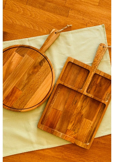 2 Li Doğal Ahşap Saplı Kayın Ağacı Bölmeli Sunum Tabağı 47x26/35