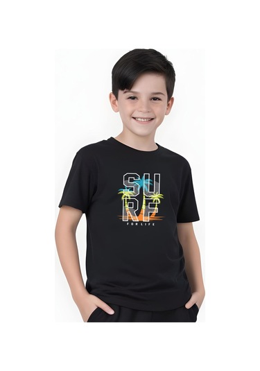 Surf Baskılı Erkek Çocuk Kısa Kollu Tişört Siyah