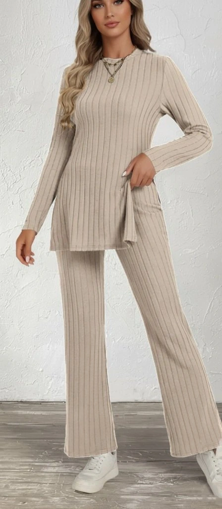 Tua Moda Kadın Uzun Kollu Bisiklet Yaka Yandan Yırtmaçlı Şardonlu Kaşkorse Bluz Ve Pantolon Ikili Takım Bej