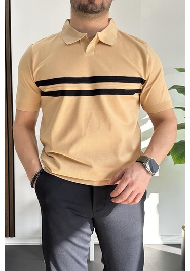 Erkek Açık Yaka Çizgli Tişört Sarı Edw236 Sarı