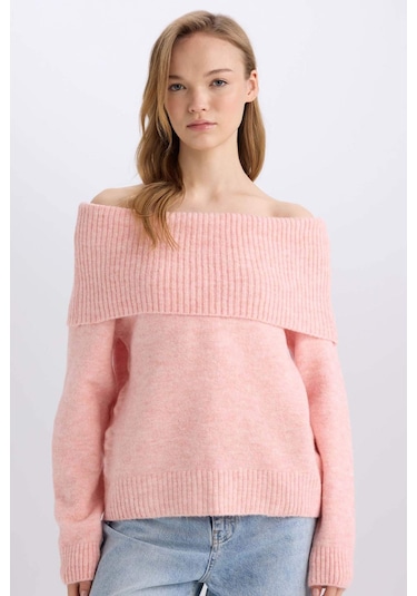 DeFacto Regular Fit Açık Omuz Triko Kazak E4549AX24WNPN589 Pembe
