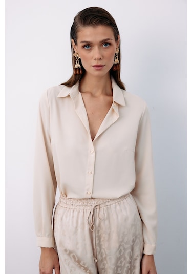 Sateen Düz Klasik Gömlek - Bej-122324 Bej