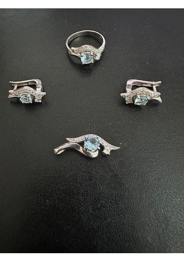 Göz Modeli Gümüş Set Takım Akuamarin Ve Zirkon Taşlı 925 Ayar