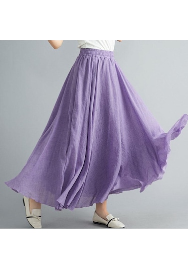 Yaz Sonbahar Kadın Etek Edebi Büyük Boy Pamuk Keten Yarım Etek Elastik Bel Keten A-line Etek Uzun Bölüm Saf Renk Rüzgar Salıncak Etek Mor