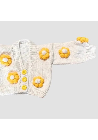 Uretti - Gülnur 2184 - El Örgüsü Çiçek Motifli Çoraplı Kız Çocuk Hırka 3 Yaş - Beyaz Beyaz
