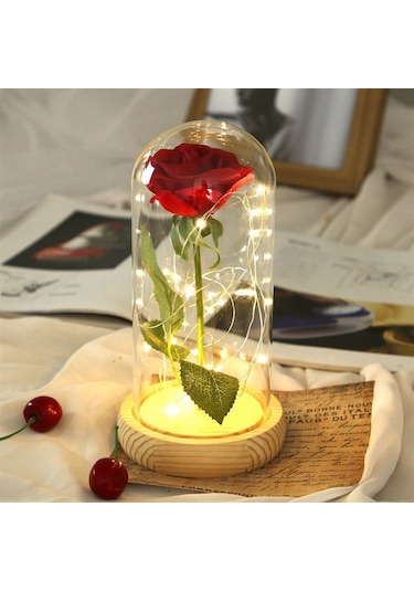 Cam Fanus İçerisinde Dekoratif Led Işıklı Solmayan Gül Lamba