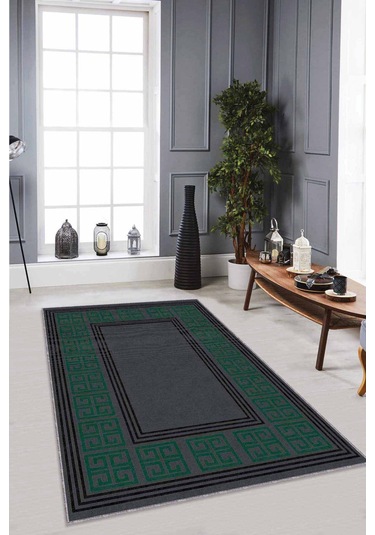 Yeşil Çerçeveli Kaymaz Taban Makinede Yıkanabilir Halı Rv036