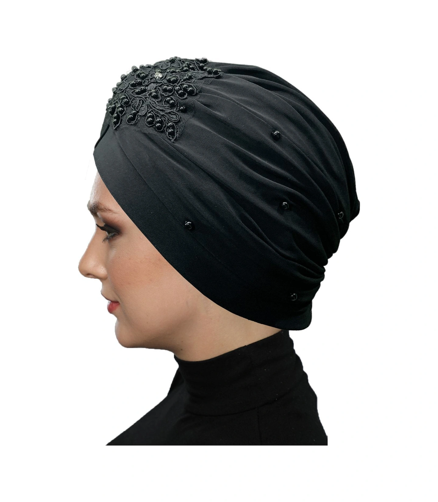 Kopma Astarlı Işlemeli Siyah Dantel Motifli Hazır Türban Tesettür Abiye Bone Siyah Dantel