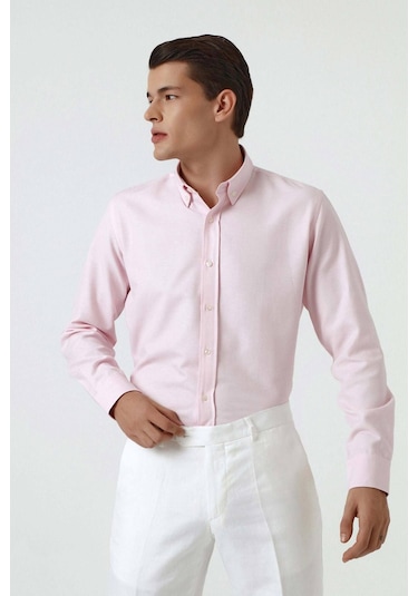 D'S Damat Ds Damat Slim Fit Pembe Armürlü Düğmeli Yaka Pamuklu Gömlek 5HC02ORT07265 Pembe