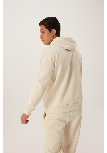 Polostate Erkek Kapüşonlu 3 İplik Sweatshirt Ekru
