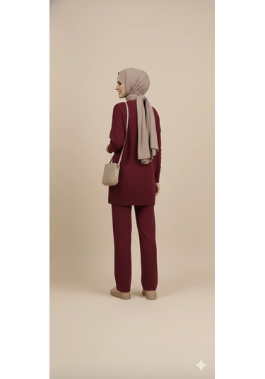 Triko Tunik Pantolon Tesettür Takım Bordo