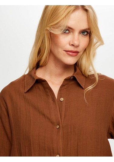 File Detaylı Müslin Gömlek S25gml033 Us25gml03330 Kahve