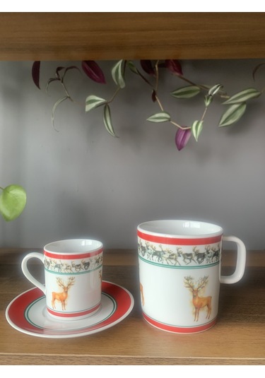 Yeni Yıl-noel Geyik Model 6 Parça 2 Kişilik Kupa Ve Türk Kahvesi Fincanı Takımı Çok Renkli