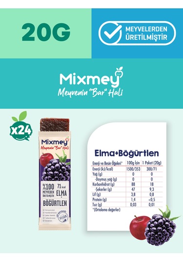 Mixmey Böğürtlen Meyve Barı 24 Adet | Sağlıklı Atıştırmalıklar – Vegan, Glutensiz, Koruyucusuz 20gx 24adet