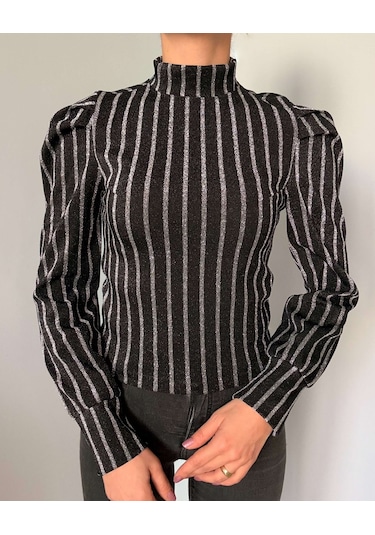 Ali Butik Siyah Simli Gümüş Çizgili Karpuz Kol Bluz Siyah