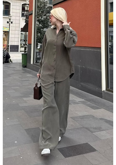 Madmext Haki Basic Kadın Gömlek Pantolon İkili Takım Mg2352 Haki