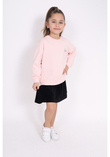 Toontoy Kız Çocuk Göğsü Yazı Baskılı Elbise Pudra