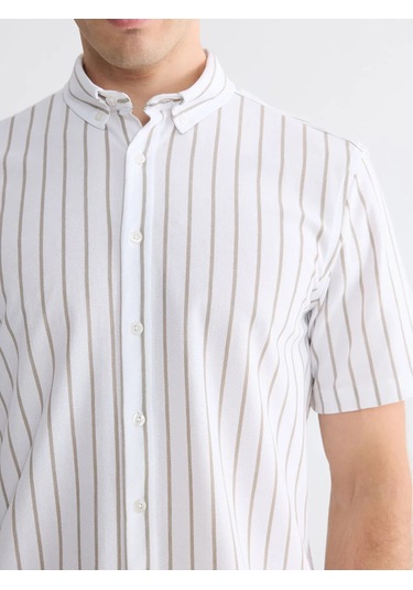 Lc Waikiki Ekru Regular Fit Çizgili Oxford Erkek Gömlek