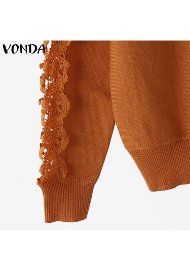 Vonda Kadın Sonbahar Dantel Yuvarlak Yaka Uzun Kollu Kazak Kazaklar Turuncu