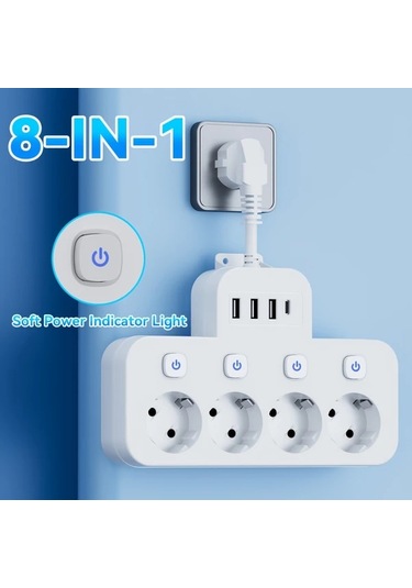 Xuweiwei Siyah Kısa Kablo 1.5m 3m Seçenekleri Avrupa Güç Prizi 4 Ac Çıkış 3 Usb 1 Type-c Portu Aşırı Yük Koruması Duvar Montajı Seyahat Ev Kullanımı