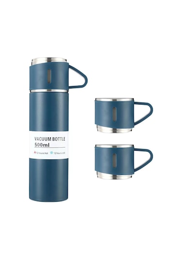 Hangfox 304 Paslanmaz Çelik Termos Bardak 500ml - 12 Saat Isı Saklama, Dışarıdaki Kullanim Için, 3 Kapağıyla Mavi Hediye Kutusu Seti Mavi