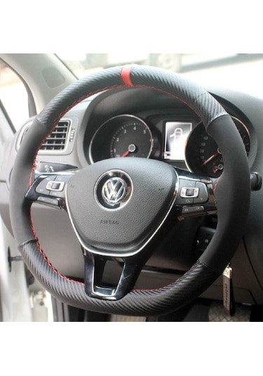 Vw Polo (2014-2018) Direksiyon Kılıfı Carbon-Alkantra Kırmızı