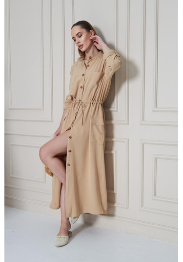 Kadın Yeni Sezon Krep Cepli Uzun Katlanabilir Kollu Büzgülü Elbise Yazlık Günlük Giyçık Bej