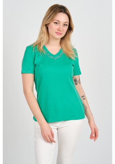 Ella Camelia Kadın Yakası Taş Ve Süs İşlemeli Kısa Kollu Pamuklu Bluz 24e002 Yeşil Yeşil