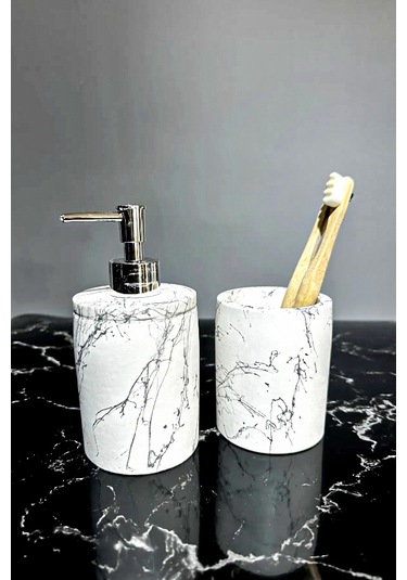 Betonmall Mermer Efekt Sıvı Sabunluk Seti Beyaz