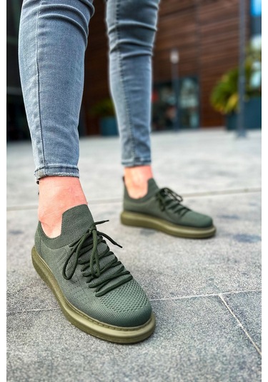 Pabucmarketi Bağcık Detaylı Triko Kumaş Erkek Spor Ayakkabı Haki Çok Renkli