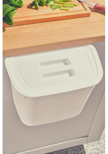 Flosoft Dolap İçi Kapaklı Asılabilir Çöp Kovası, Dolap Kapağı Askılı Çöp Kutusu Krem 7 Litre Krem