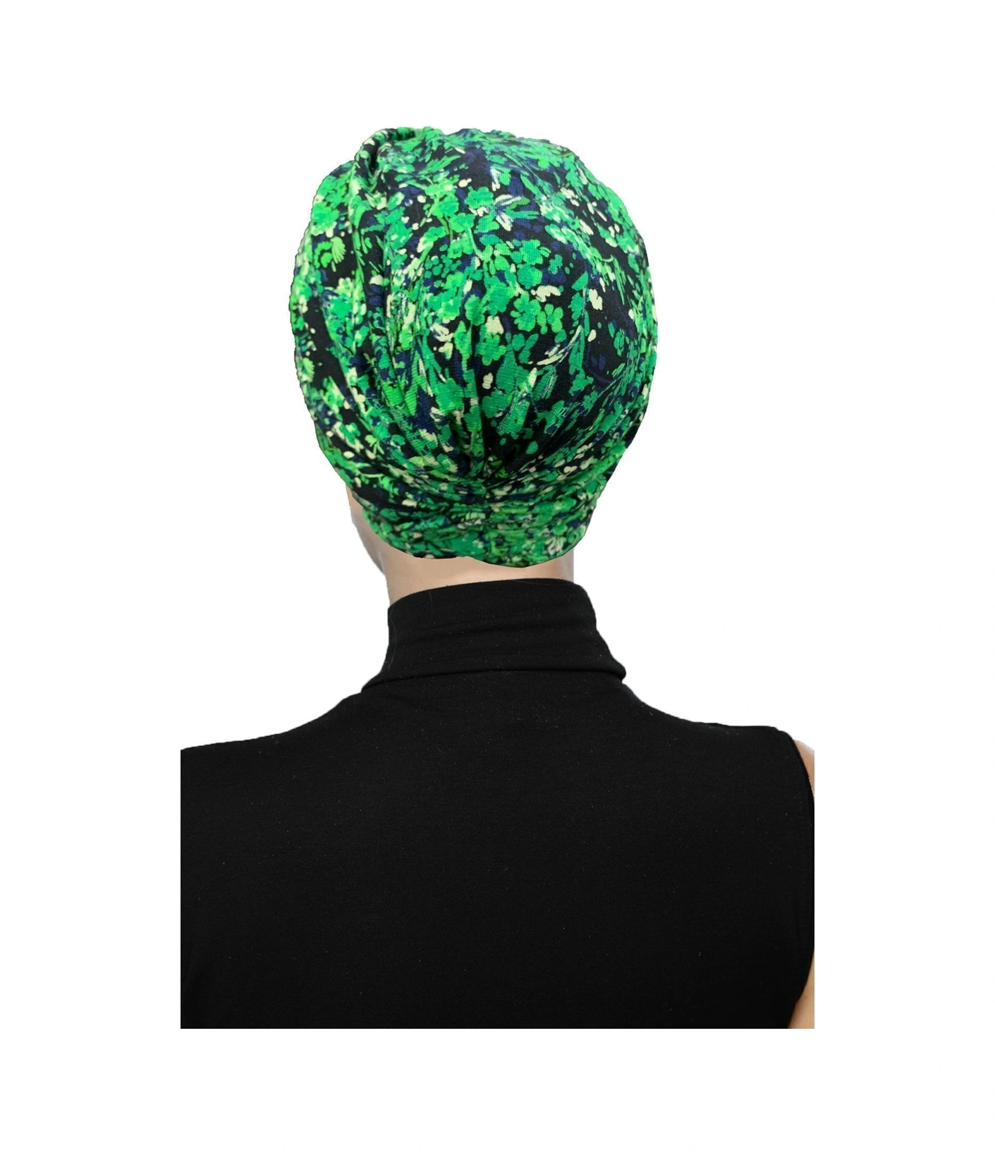 Fidan Desenli Çapraz Penye Yeşil Lacivert Çiçek Motifli Hazır Türban Tesettür Havuz Bonesi Yeşil Lacivert