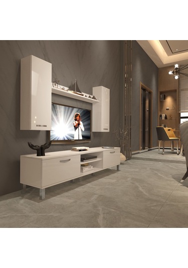 Decoraktiv Eko 7 Slm Dvd Krom Ayaklı Tv Ünitesi Tv Sehpası Beyaz