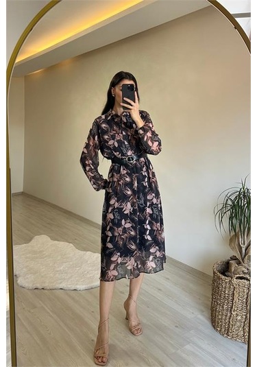 Neşeli Butik Kadın Desenli Gömlek Yaka Midi Elbise Nm011 Siyah