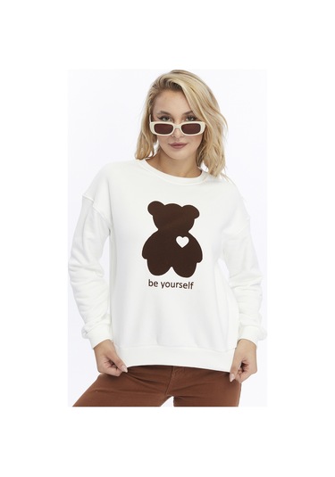 Kadife Be Yourself Desenli Ekru Yumuşak Dokulu Regular Fit Bisiklet Yaka Kadın Sweatshirt Ekru