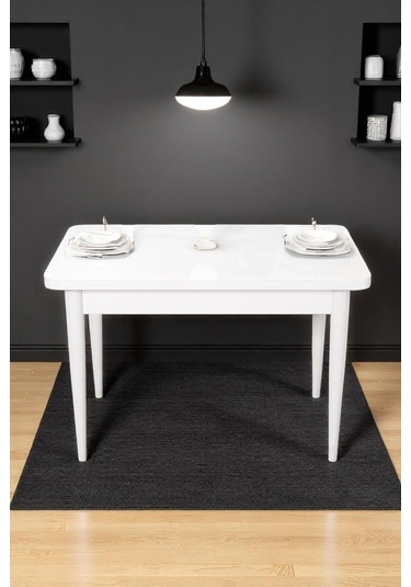 Still Beyaz Sunta 70x110 Sabit Mutfak Masası Takımı Beyaz Metal Ayak 4 Lacivert Sandalye Lacivert