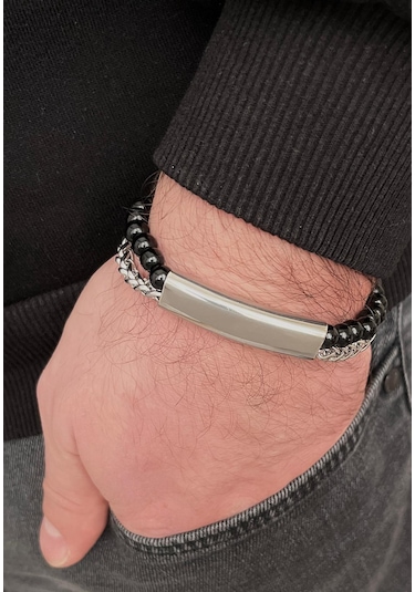 Siyah Ve Altın Renk Çelik Ve Boncuklu 2li Erkek Bileklik 23cm