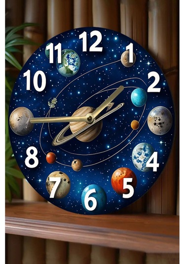 Gezegen Temalı Mdf Duvar Saati 33 Cm, 3d Görünümlü, 2d Hd Baskı, Sessiz Mekanizma Sdw234 Renkli