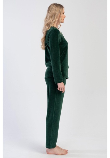 Kadın Kadife Uzun Kol Yeşil Pijama Takım C3t8n0o304 001