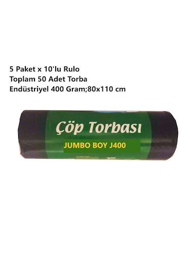 Endüstriyel Jumbo Boy J400 Çöp Torbası 80x110 Cm, 400 Gr, 5 Paket Toplam 50 Adet , Dayanıklı