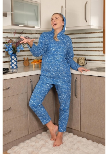 Akbeniz Kadın Pamuk Kapşonlu Cepli 3 İplik Saks Eşofman Takım 9037-saks Saks