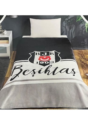Taç Lisanslı Beşiktaş Klasik Tek Kişilik Battaniye Mavi-gri