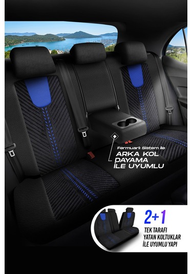 Siyah - Mavi Garni Panda Monte Carlo Serisi Velor Kadife Kumaş Oto Koltuk Kılıfı - Tam Set