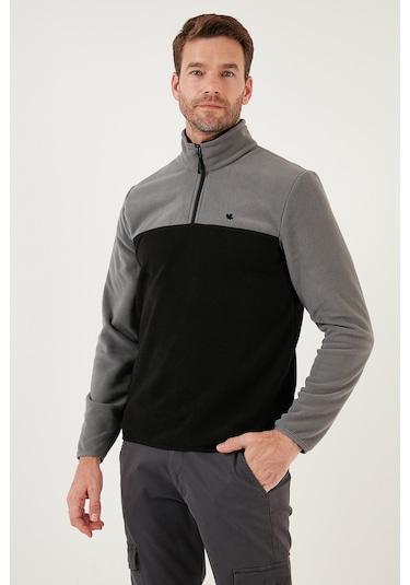 Buratti Regular Fit Anti-Pilling Tüylenme Yapmayan Dik Yaka Kışlık Şardonlu Erkek Polar 5906016 Gri-Siyah