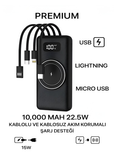 10000mah Pd 22.5w Kablosuz & Kablolu Powerbank Wireless 15w, Usb, Micro & Type-c, İphone Uyumlu Siyah - Siyah