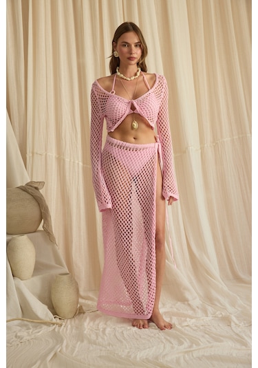 Mai Collection Rubina Pembe Triko Crop Etek Takım