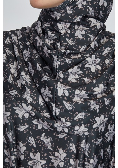 Pratik Tek Parça Manolya Desenli Namaz Elbisesi Koyu Siyah