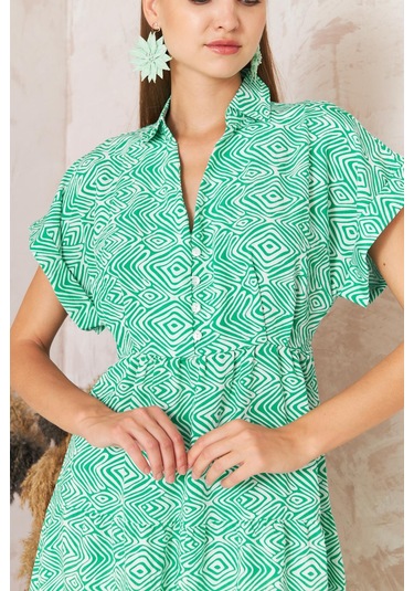 Kadın Gömlek Yaka Kısa Kollu Yeşil Elbise Dm1044 Yeşil